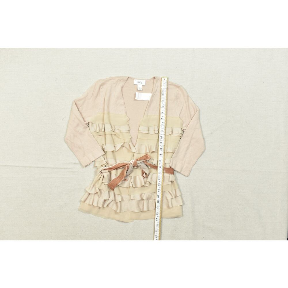 Ann Taylor LOFT Ruffle Trim Wrap Cardigan Sweater NWT Tan Pink Size S Cotton Ble - Picture 2 of 8